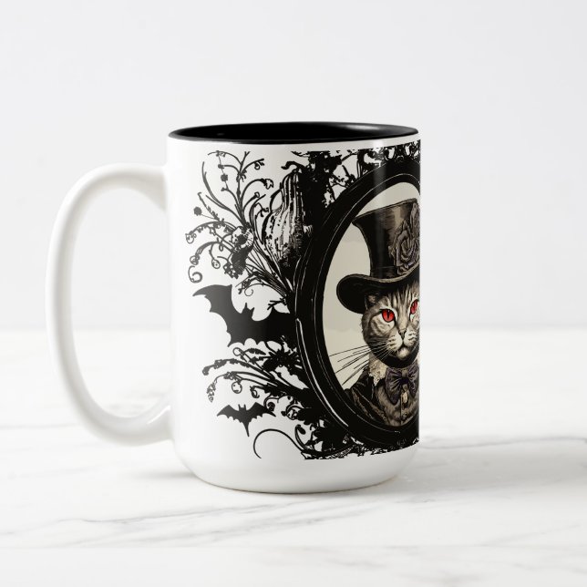 Halloween Cat, Vampire Cat, Lady Fangzähne Zweifarbige Tasse (Links)
