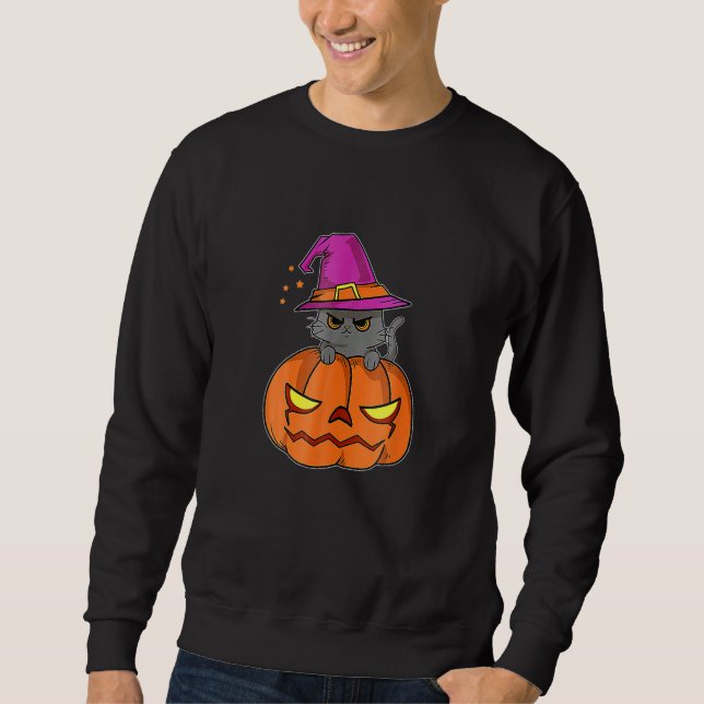 Halloween Cat Wearing A Witch Hat With Pumpkin For Sweatshirt (Vorderseite)