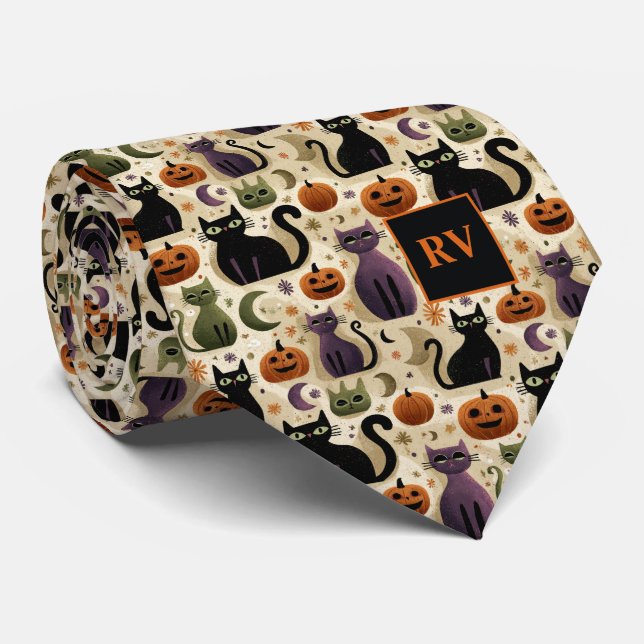 Halloween Cat Whiskers & Pumpkins Mit Monogramm Krawatte (Gerollt)