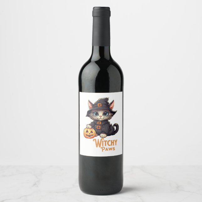 Halloween Cat Witchy Paws Weinetikett (Vorderseite)