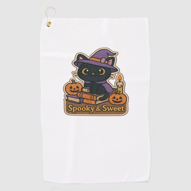 Halloween Cat with Magic Books - Spooky & Sweet Em Golfhandtuch (Vorderseite)