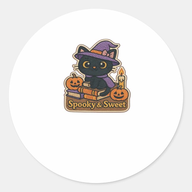 Halloween Cat with Magic Books � Spooky & Sweet Em Runder Aufkleber (Vorderseite)