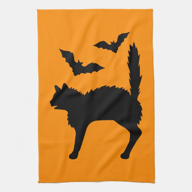 Halloween Cats and Bats Silhouette Orange Geschirrtuch (Vertikal)