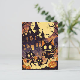 Halloween Cats by the Haunted House Feiertagspostkarte
