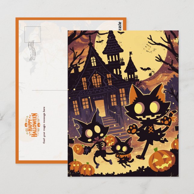 Halloween Cats by the Haunted House Postkarte (Vorne/Hinten)