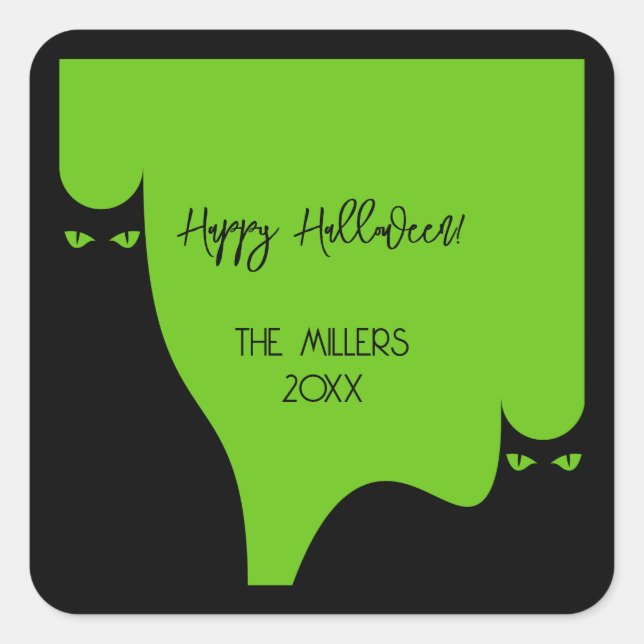 Halloween Cats Eyes Silhouette Black Green Modern Quadratischer Aufkleber (Vorderseite)