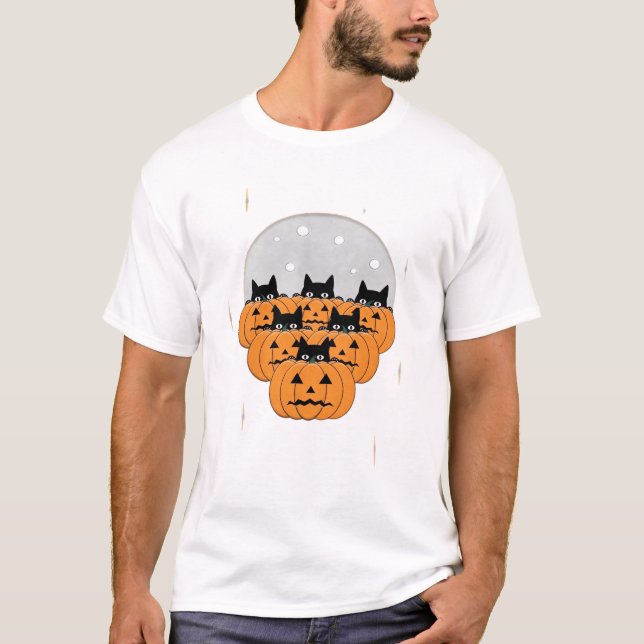 Halloween  Cats  Pumpkins  Black Background  Illus T-Shirt (Vorderseite)