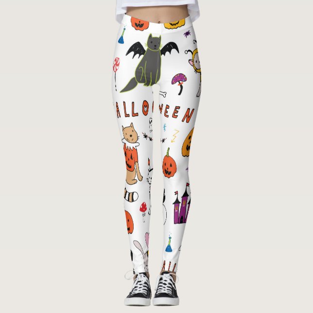 Halloween Cats Vintag Line Muster Leggings (Vorderseite)