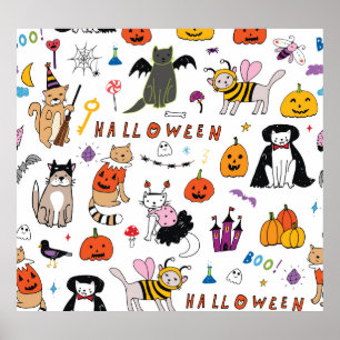 Halloween Cats Vintag Line Muster Poster