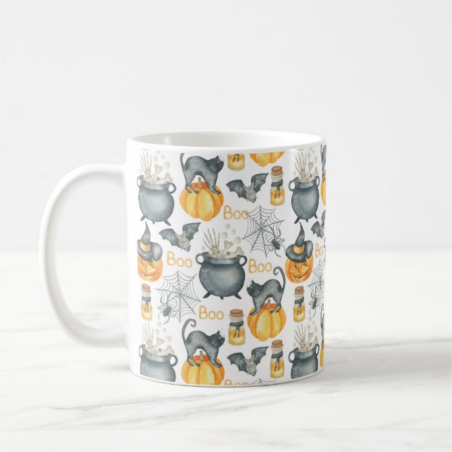 Halloween Cauldron und Cats Muster Kaffeetasse (Links)