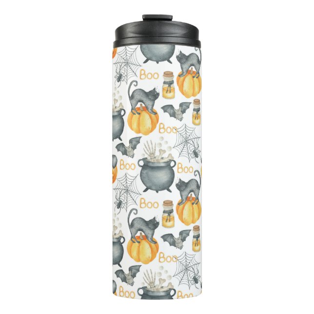 Halloween Cauldron und Cats Muster Thermosbecher (Vorderseite)