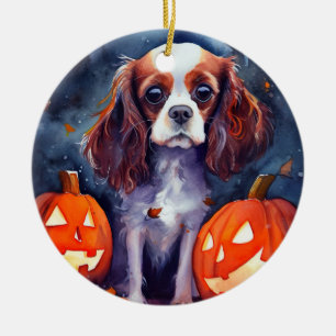 Halloween Cavalier King Charles Spaniel Kürbisse Keramik Ornament