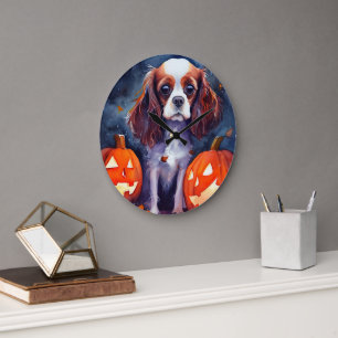 Halloween Cavalier King Charles Spaniel Pumpkins Große Wanduhr
