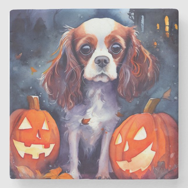 Halloween Cavalier King Charles Spaniel Pumpkins Steinuntersetzer (Vorderseite)