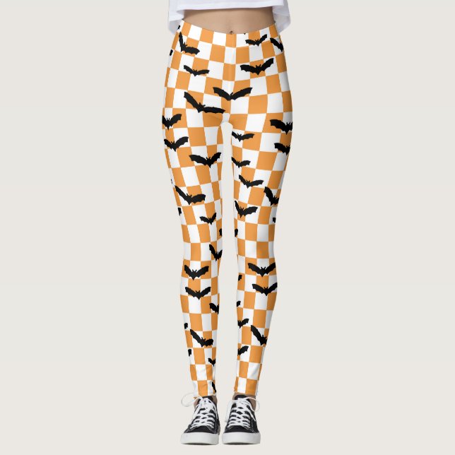Halloween Checkerboard Spooky Fledermäuse Moderner Leggings (Vorderseite)