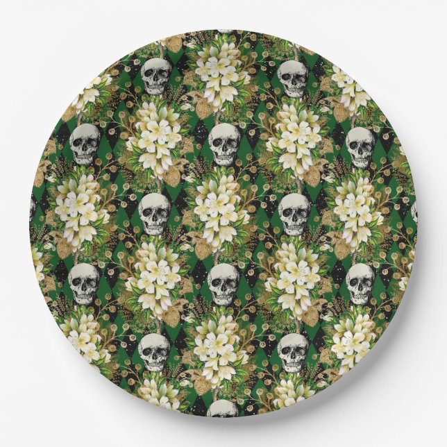 Halloween Chic Floral Skull Raute Muster Pappteller (Vorderseite)