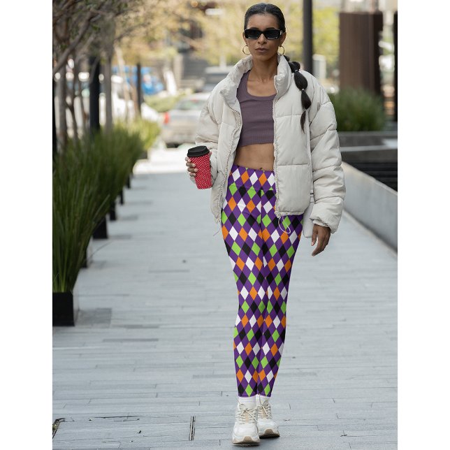 Halloween Chic Lila Orange Green Harlequin Party Leggings (Halloween Chic Purple Orange Green Harlequin Party Leggings)