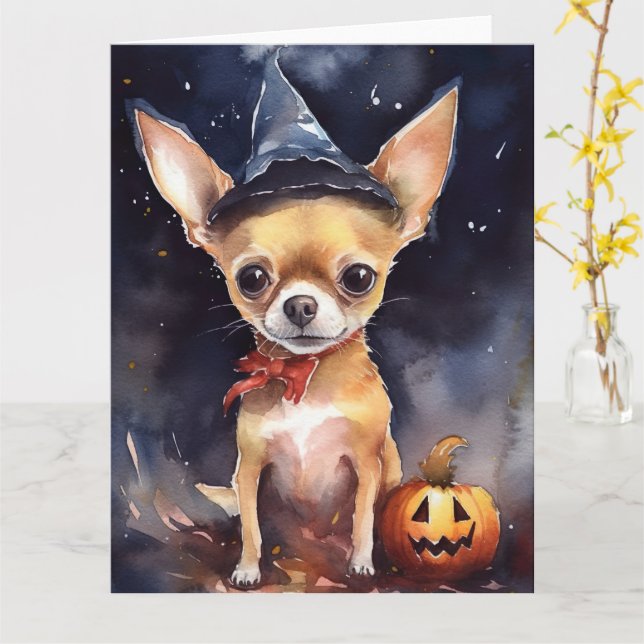Halloween chihuahua mit Pumpkins Beängstigend Karte (Gelbe Blume)