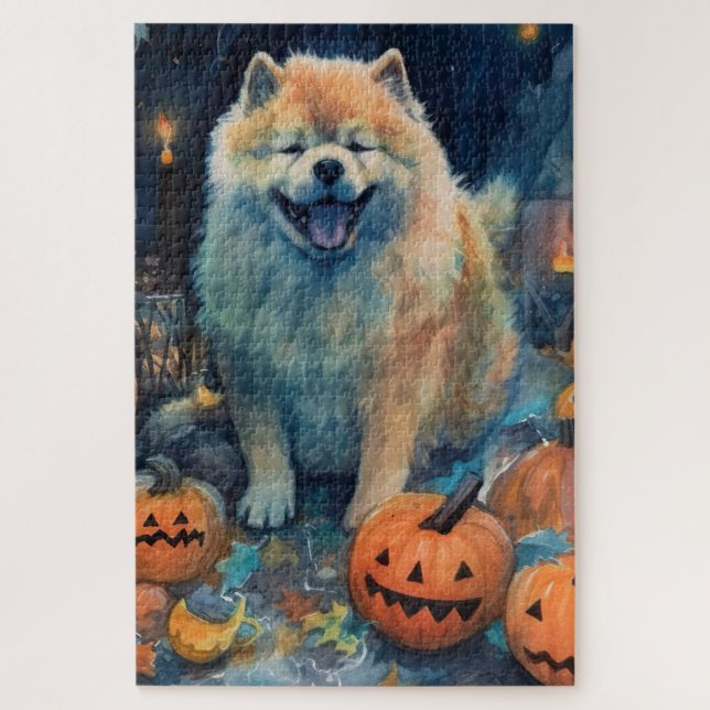 Halloween Chow Chow mit Pumpkins Beängstigend Puzzle (Vertikal)
