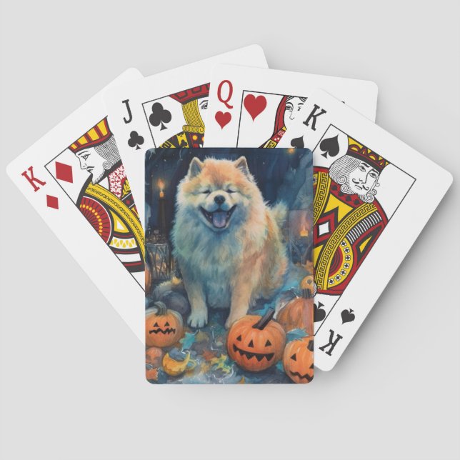 Halloween Chow Chow mit Pumpkins Beängstigend Spielkarten (Rückseite)
