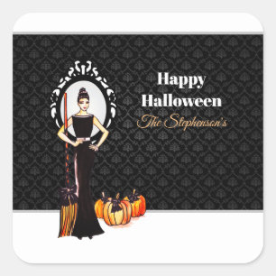 Halloween Classic Elegante Long Black Dress Leinwa Quadratischer Aufkleber