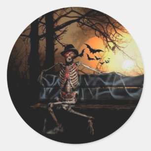 Halloween Classic Round Sticker/Skelett und Fleder Runder Aufkleber