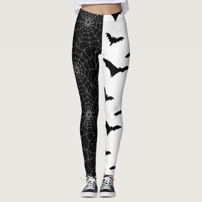 Halloween Cobnets und Fledermäuse Schwarz-Weiß-Mus Leggings (Vorderseite)
