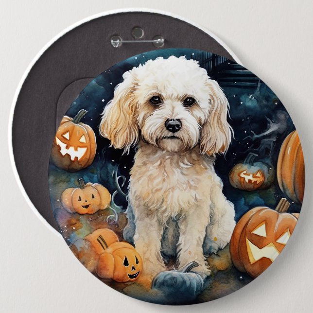 Halloween Cockapoo mit Pumpkins Beängstigend Button (Vorne & Hinten)