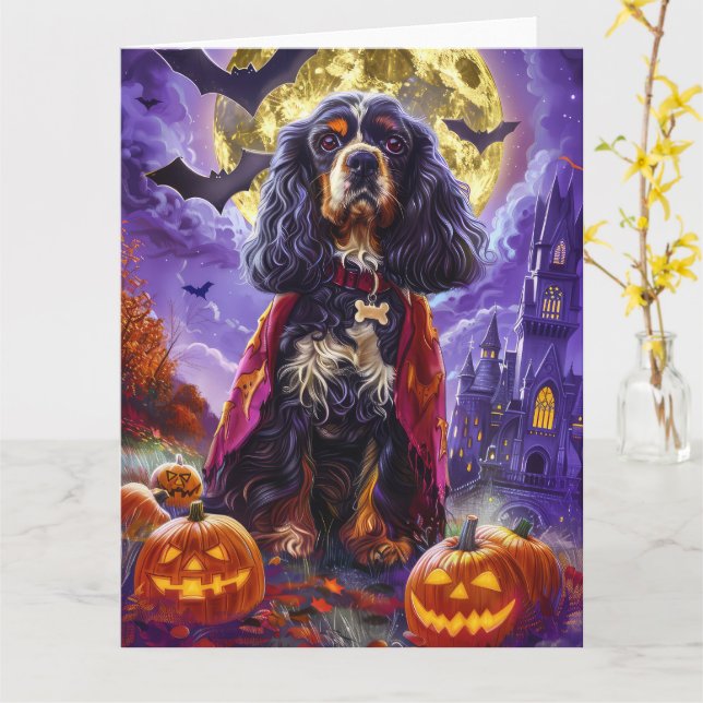 Halloween Cocker Spaniel Vampire Pumpkins Beängsti Karte (Gelbe Blume)