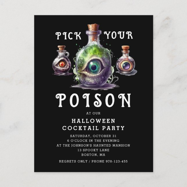 Halloween Cocktail Party Pick Your Poison Einladungspostkarte (Vorderseite)