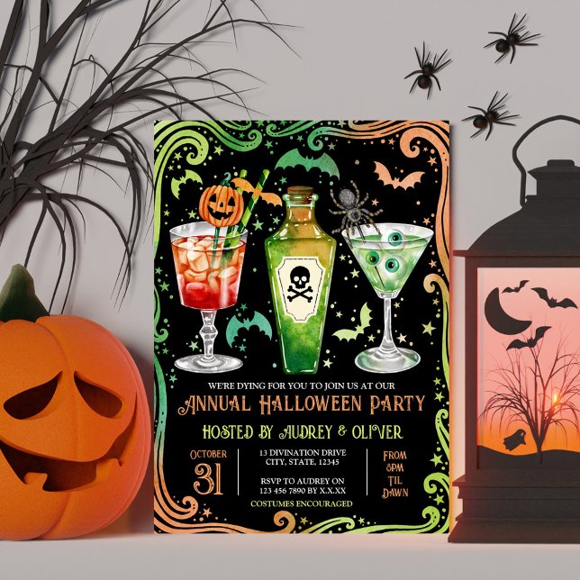 Halloween Cocktail Party Pumpkin + Tränen Einladung (Annual Halloween Cocktail Party Green and Orange Invitation)