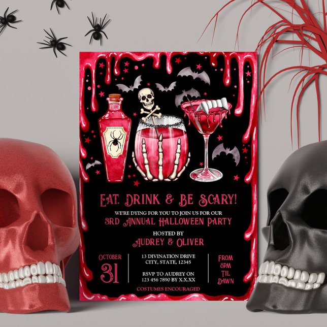 Halloween Cocktail Party Red Vampire and Blood Einladung (Halloween Cocktail Party Red Vampire and Blood Invitation)