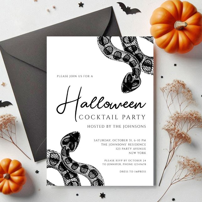 Halloween Cocktail Party Schwarz-Weiß-Schlangen Einladung (Black And White Snakes Cocktail Party Halloween Invitation)