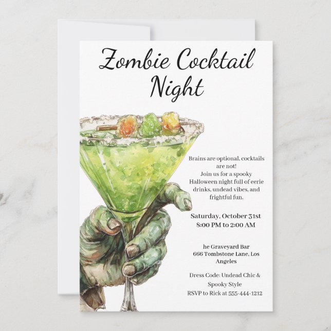 Halloween Cocktail Party | Zombie Hand mit Drink Einladung (Vorderseite)
