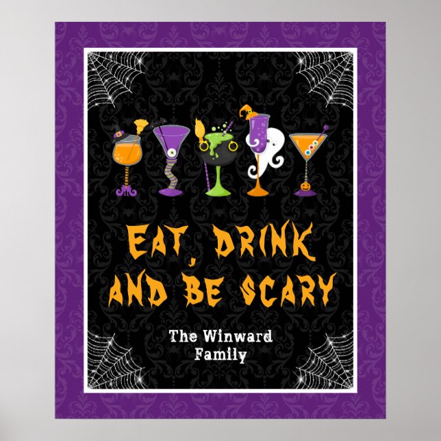 Halloween Cocktails Purple Damask Party Sign Poster (Vorne)