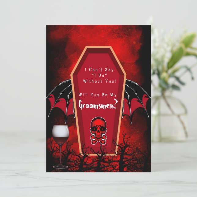 Halloween Coffin Wings werden Sie meine Trauzeuge  Einladung (Stehend Vorderseite)