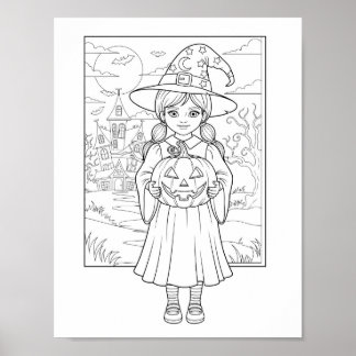 Halloween Coloring Page - Ein Mädchen mit Kürbis Poster
