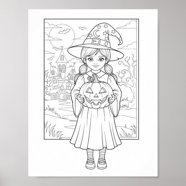 Halloween Coloring Page - Ein Mädchen mit Kürbis Poster (Vorne)