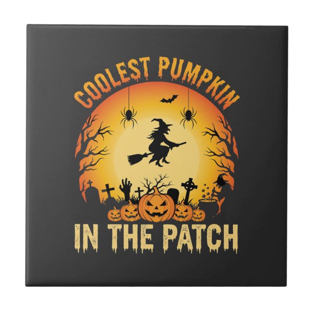 Halloween Coolster Kürbis im Patch Hexen Design Fliese (Vorderseite)