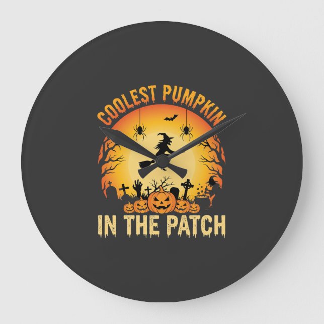 Halloween Coolster Kürbis im Patch Hexen Design Große Wanduhr (Vorderseite)