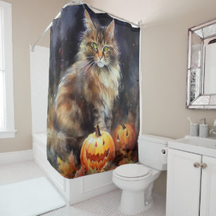 Halloween-Coon-Katze mit Pumpkins Beängstigend Duschvorhang
