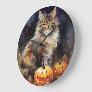 Halloween-Coon-Katze mit Pumpkins Beängstigend Große Wanduhr