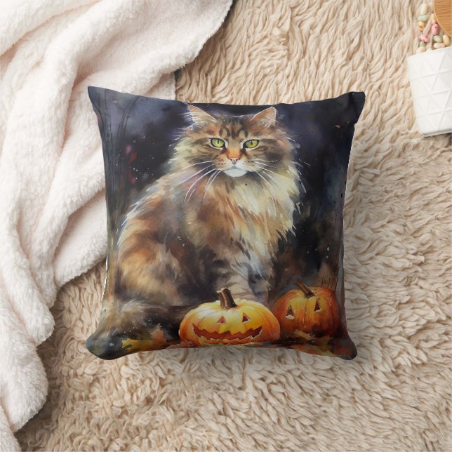 Halloween-Coon-Katze mit Pumpkins Beängstigend Kissen (Decke)