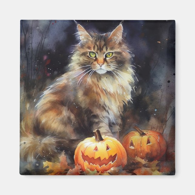 Halloween-Coon-Katze mit Pumpkins Beängstigend Magnet (Vorne)