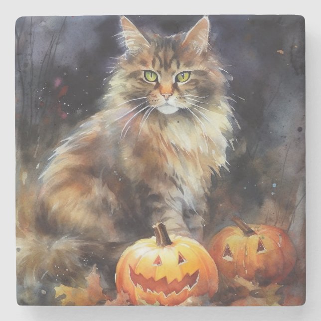 Halloween-Coon-Katze mit Pumpkins Beängstigend Steinuntersetzer (Vorderseite)