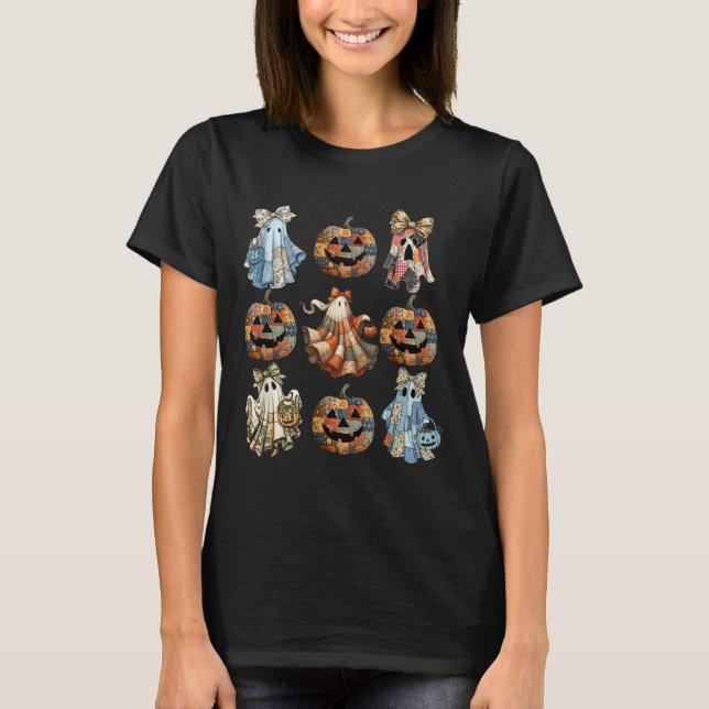 Halloween Coquette Bow Pumpkin Ghost Patchwork Sok T-Shirt (Vorderseite)