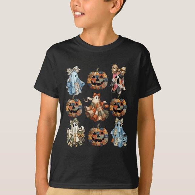 Halloween Coquette Bow Pumpkin Ghost Patchwork Spi T-Shirt (Vorderseite)
