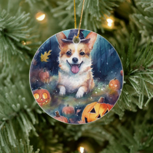 Halloween Corgi mit Pumpkins Beängstigend Keramik Ornament