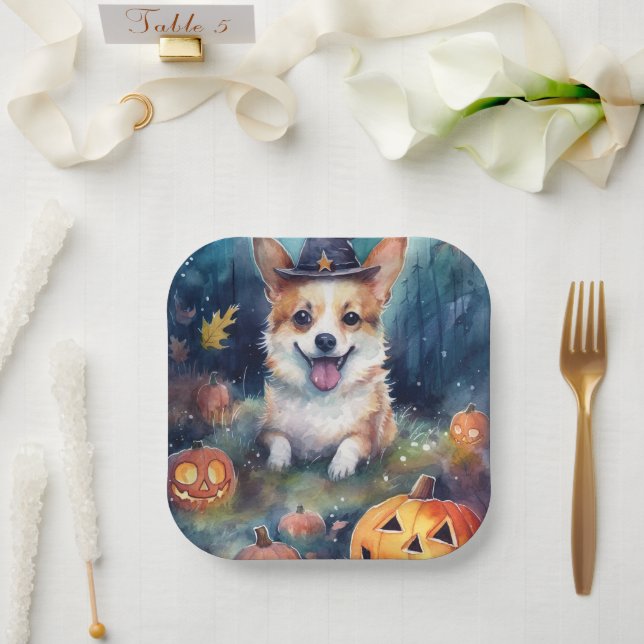 Halloween Corgi mit Pumpkins Beängstigend Pappteller (Hochzeit)