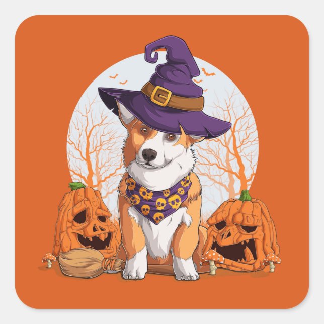 Halloween Corgi Quadratischer Aufkleber (Vorderseite)